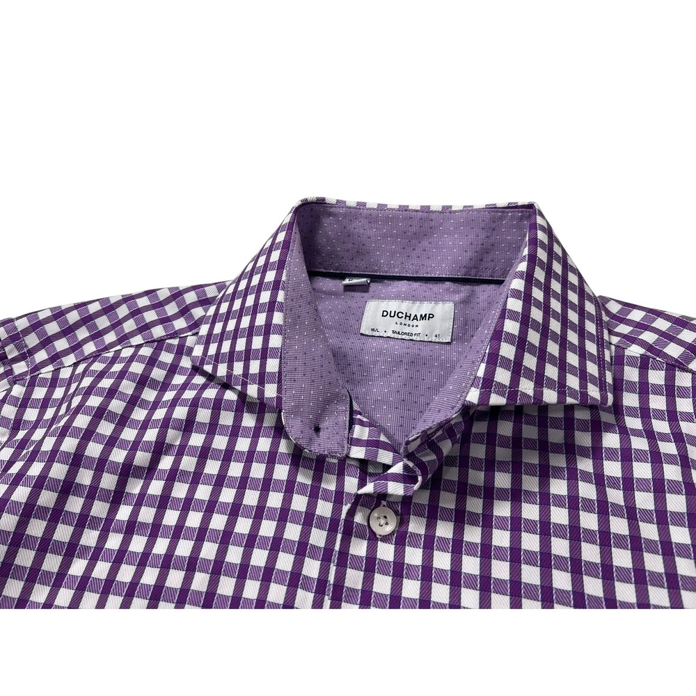 Duchamp London Tailored Fit Men's 16/L Purple Check Cotton Long Sleeve Shirt